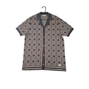 Mauvais Mens Geometric Hexagon‎ Knit Polo Shirt Green Cream Button Down Large